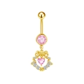 Detailed macro view of gold navel ring with pink heart gem and butterfly bow charm - Bow Heart Star Style (BR25091118-G) / Gold