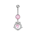 Macro detail of belly ring with pink heart gem and decorative silver bow accent - Bow Heart Star Style (BR25091118-S)