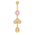 Detailed macro view of pink zircon pendant and gold curved barbell belly button ring - Flower Cluster Water Drop (BR25091123-G)
