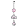 Detail of pink heart moon navel ring with crystal accents and teardrop dangle charms - Flower Cluster Water Drop (BR25091123-S)