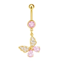Golden butterfly belly button ring with pink and white zircon stones on white background - Butterfly Zirconia Style (BR25091126-G)