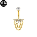 Dettaglio del piercing all'ombelico in titanio dorato con fiocco in zircone e catenelle - Stile Lusso Catena a U Doppio Strato-Oro (G23BRI657-G161004205)