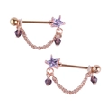 Rose gold teardrop nipple ring set with purple star rhinestones and crystal chains - 1.6mm Rose Gold Purple