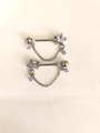 Silver stainless steel nipple barbells with purple star crystals and hanging chains - Silver Purple