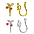 Golden and silver cherry nose cuffs with red zircon crystals and non-pierced U-shaped design - Cherry / Steel