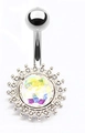 Silver belly button ring featuring a sunflower design with AB iridescent crystal stone - White AB