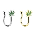 U-shaped clip-on nose rings featuring green leaf charms in gold and silver metal finishes - Maple Leaf / Steel