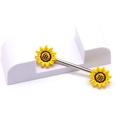 Macro shot of silver nipple bar featuring detailed yellow sunflower ends on a U-shaped stand - Yellow Sunflower Style (#1)