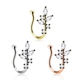 Faux piercings de nez design feuille avec zircons en or, argent et or rose poli - Design Branche de Feuille (9)