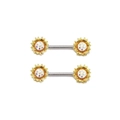 Pair of sunflower nipple rings with gold finish and white crystal insets on white background - Gold Sunflower Style (#6)
