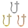 Detailed view of U-shaped cross nose rings with clear zircons in silver gold and rose gold - Cross Style (16) / White Gold
