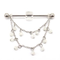Silver industrial piercing bar with square crystal and double layer hanging beaded chains - White Round Square Bead (7#) / Silver