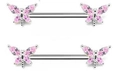 Pink butterfly nipple ring with marquise zircon stones and stainless steel bar - Rhodium Plated Pink Zirconia