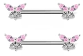 Silver barbell nipple rings with pink dragonfly wings set in cubic zirconia stones - Silver Tone Pink and White Zircon