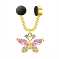 Close-up of golden butterfly nose ring with pink gems and magnetic clips - Pink Butterfly Style (#2)