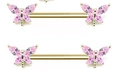 Pair of gold butterfly nipple rings with pink marquise zircon stones for body piercing - Gold Tone Pink Zircon
