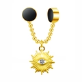 Macro detail of gold-toned sun and eye charm with a clear zircon on a black bead chain - Gold Star Eye Style (#7)