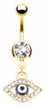 Detailansicht eines Bauchnabelpiercings mit blauem Evil-Eye-Anhänger und Goldfinish - Mikro-Pave Anhänger Stil / Gold