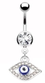 Nahaufnahme von silbernem Evil-Eye-Bauchnabelpiercing mit blauem Zirkon und Kristallen - Klassischer Silber-Stil / Silber