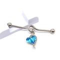 Industrial barbell earring in stainless steel with a blue crystal heart pendant - Silver Blue