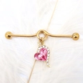 Industrial barbell earring in gold finish with pink heart crystal and rhinestones - Gold Plated Pink Zircon