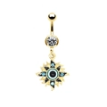 Goldener Bauchnabelpiercing mit bösem Blick und strahlendem Sonnenanhänger mit blauen Steinen - Sonnenstrahl Blauer Diamant Stil