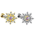 Gros plan de boucles d'oreilles tournesol dorées et argentées avec zircons arc-en-ciel - Style Tournesol (#12 Or Blanc)