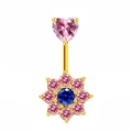 Piercing ombelico dorato con zircone a cuore rosa e cluster floreale di pietre blu - Stile Fiore Rosa Blu Oro