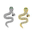 Detailed view of crystal-encrusted snake ear studs in gold and silver with green stone eyes - Snake Style (#1 White Gold)