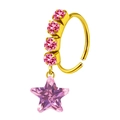 Vista detallada del aro de nariz dorado con cristales rosas y colgante de estrella - Cristal Estrella Rosa (#7)