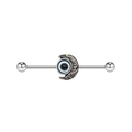 Silver stainless steel industrial barbell featuring a crescent moon with a blue evil eye bead - Evil Eye Moon Style (#15)
