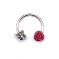 Horseshoe septum ring with silver butterfly and red rose decorative design - Silver Butterfly and Red Rose Style