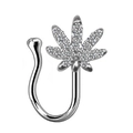 Macro shot of silver maple leaf nose ring featuring sparkling cubic zirconia stones - Silver Clear Rhinestone Leaf