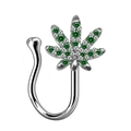 Macro detail of silver U-shaped nose ring with green zircon-studded maple leaf decoration - Silver Green Rhinestone Leaf