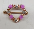 Rose gold heart nipple ring with purple floral accents and sparkling crystals - Pink Gold