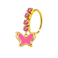 Detalle de un aro de nariz dorado con cristales rosas y un colgante de mariposa rosa - Estilo Mariposa (#4)