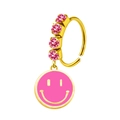 Detalle de aro de nariz dorado con circonitas rosas y un colgante de cara sonriente rosa - Cara Sonriente de Esmalte Rosa (#9)