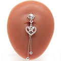 Silver stainless steel heart belly ring with butterfly motif and dangling bead tassels - Heart Butterfly Tassel Style (#2)