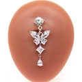 Silver butterfly belly button ring with teardrop crystal drop on navel model - Clear Butterfly Dangling Style (#3)