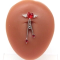 Silver heart belly button ring with red crystal wings and dangling double chains - Red Heart Wing Tassel Style (#4)