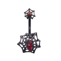 Gothic black spider web belly ring with red and orange crystals on a curved steel bar - Black Spider Web Red Rhinestone Shape (#4)