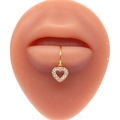 Gold heart-shaped lip ring with white zircon stones on silicone model display - Gold Full Zircon Heart Style (#6)