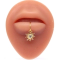 Close-up of golden sunburst faux lip ring with sparkling center zircon on model - Gold Full Zircon Sunburst Style (#7)