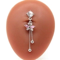 Silver butterfly belly ring with pink rhinestones and dangling bead tassels shown on skin - Pink Butterfly Tassel Style (#1)