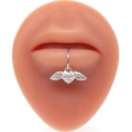 Detail of silver heart with wings labret stud set on a silicone lip display model - Silver Full Zircon Winged Heart Style (#5)