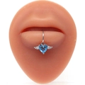 Detail of winged heart lip ring with blue zircon gemstone on silicone model lips - Silver Blue Winged Heart Style (#10)