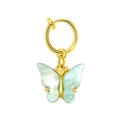 Close-up of golden butterfly earring with iridescent blue wings and metallic ring - Iridescent Butterfly Gold Style (#13)