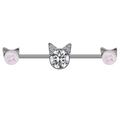 Cat industrial barbell earring in stainless steel with clear zircon and opal balls - Cat Shape (#1)