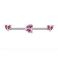 Close-up of industrial barbell piercing with three pink heart-shaped zircons on silver rod - Triple Pink Heart Style (#5)