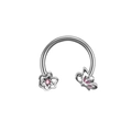 Magnetic stainless steel horseshoe ring with pink gem flower and butterfly charm - Silver Flower Butterfly Pink Stone